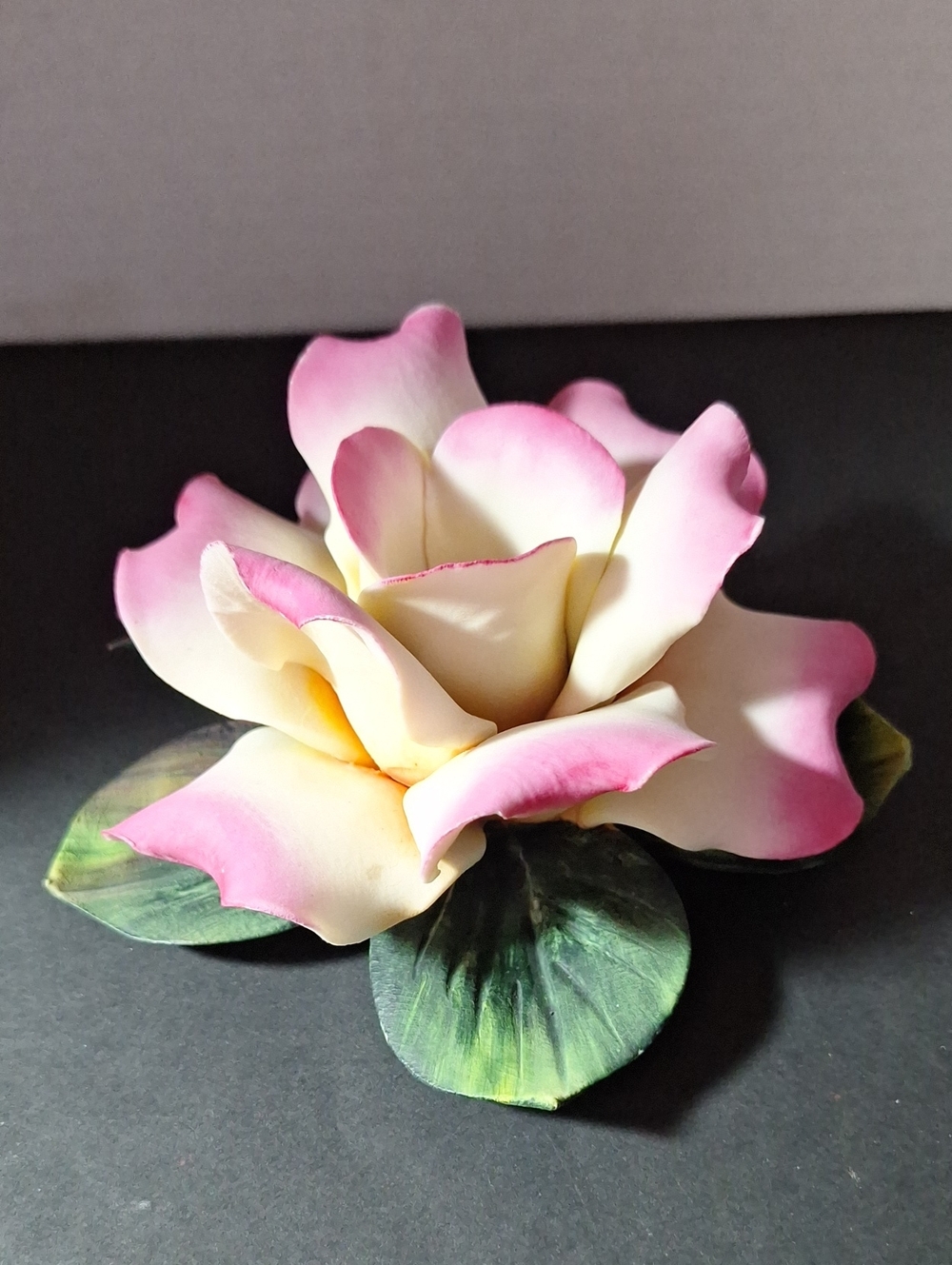 Capodimonte Pink-Tipped Cream Porcelain Rose Flower Accent